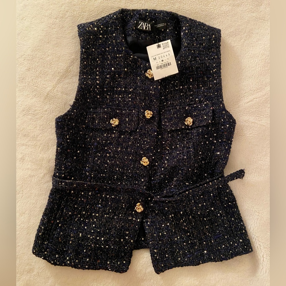 ZARA NWT Blue Tweed Shimmer Vest